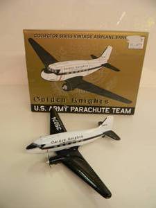 lot 33 image: LIBERTY CLASSICS By SPEC CAST LIMITED EDITION COLLECTOR SERIES - GOLDEN KNIGHTS U.S. ARMY PARACHUTE TEAM 1936 DC-3 AIRPLANE DIE-CAST METAL BANK - IN BOX - GREAT PIECE - NICE - SEE PICTURES