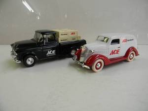 lot 85 image: 2 ACE HARDWARE TRUCKS - ERTL 1955 CHEVY CAMEO PICKUP TRUCK & LIBERTY CLASSICS 1937 CHEVY - DIE CAST COIN BANKS - NICE - COOL PIECES - SEE PICTURES