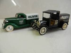 lot 90 image: 2 DIE CAST COIN BANKS - LIBERTY CLASSICS 1916 STUDEBAKER J.C. WHITNEY & CO & 1937 CHEVY OLIVER - NICE - COOL PIECES - SEE PICTURES