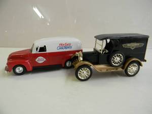lot 92 image: 2 DIE CAST COIN BANKS - ERTL 1951 GMC PANEL VAN DAIRY QUEEN & 1923 CHEVY DELIVERY VAN ACE STORES - NICE - COOL PIECES - SEE PICTURES