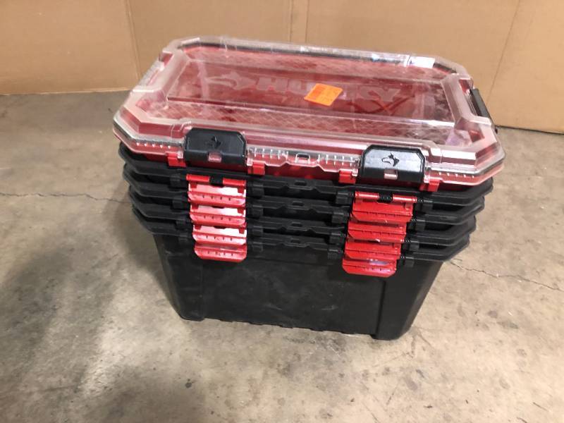 Husky 20 Gal. Professional Duty Waterproof Storage Container with Hinged  Lid in Red Auction