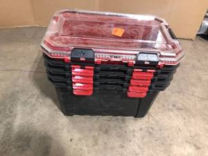 lot 37 image: Lot of Husky 20-Gal. Professional Duty Waterproof Storage Container with Hinged Lid in Black  Customer Returns See Pictures