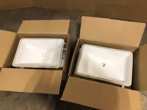 lot 38 image: 2 Lots of 20-78 in. x 14-34 in. Rectrangle Undermount Vitreous Glazed Ceramic Lavatory Vanity Bathroom Sink Pure White   Customer Returns See Pictures