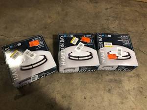 lot 43 image: 3 Lots of Hampton Bay Flaxmere 12 in. Matte Black Dimmable LED Flush Mount Ceiling Light with Frosted White Glass Shade Customer Returns See Pictures