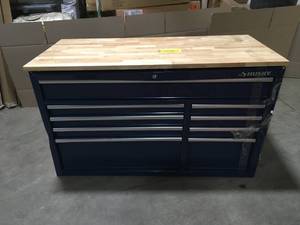 lot 4 image: Husky 52 in. W x 25 in. D Standard Duty 9-Drawer Mobile Workbench Cabinet with Solid Wood Top in Gloss Blue damaged customer return review pictures