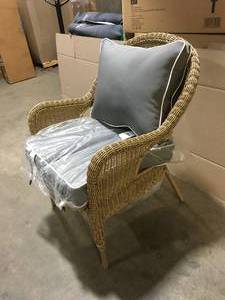 lot 31 image: Hampton Bay Rosemont Light Brown Steel Wicker Stackable Outdoor Patio Lounge Chair with Putty Tan Cushion  Customer Returns See Pictures