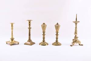 lot 86 image: 5 Antique Brass Candlesticks and Whale Oil Lamps