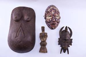 lot 107 image: 4 African Carved Wood Masks and Figures