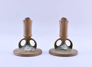 lot 133 image: Pair of Roseville Pottery Cosmos 1137 Candleholders 4 12