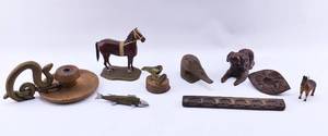 lot 136 image: 9 Folk Art Carved Animal Sculpture