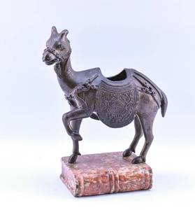 lot 10 image: Chinese Bronze Deer Censer on Stone Book Base