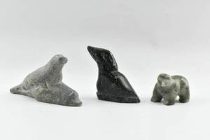 lot 297 image: 3 Inuit Soapstone Carvings of Animals