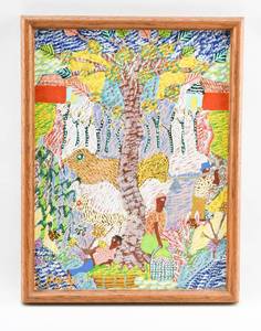 lot 358 image: Original Painting on Board of People & Animals