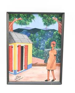 lot 371 image: Signed Haitian Painting of Person near Building