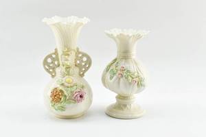 lot 203 image: Two Belleek Porcelain Vases w Applied Florals