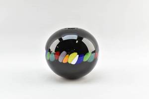 lot 386 image: Black Art Glass Vessel with Impressed Multicolored Design, Signed