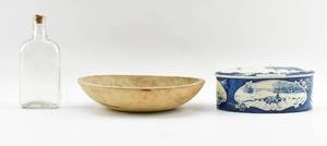 lot 422 image: Vintage Munising Wood Bowl, Droste Tin, and Glass Bottle