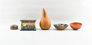 lot 423 image: Group of 5 Painted Wood & Gourd Decorative Objects