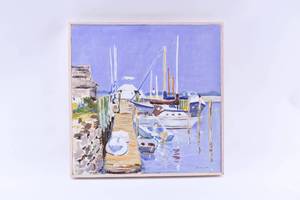 lot 59 image: Muriel Hanson Harbor Scene Painting 1983