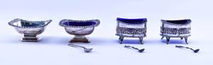 lot 90 image: Group of 4 Silverplate Salt Dips, 1 Silverplate Spoon, 2 Sterling Silver Spoons