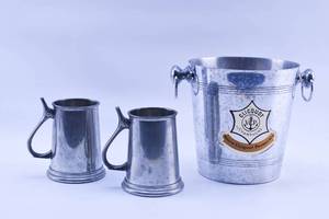 lot 84 image: Vintage French Clicquot Champagne Ice Bucket & 2 Pewter Mugs