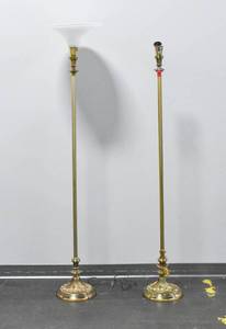 lot 289 image: Pair of Brass Floor Lamps w Frosted Glass Shade