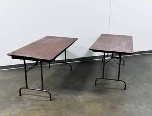 lot 43 image: Pair Bevis Brand Wood Veneer 5 Folding Tables
