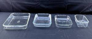 lot 238 image: 4 Glass Casserole Dishes 3 PYREX 1 Anchor Hocking