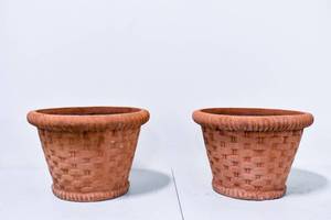 lot 180 image: Pair of Large Basket Style Terracotta Outdoor Planters
