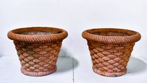 lot 183 image: Pair of Large Round Terracotta Outdoor Planters with Sculpted Basket-Like Exterior