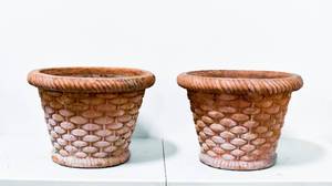 lot 186 image: Pair of Large Round Terracotta Outdoor Planters with Sculpted Basket-Like Exterior