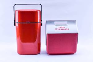 lot 370 image: Vintage Red MoMA Decor Byo Insulated Wine Chiller & Igloo Little Playmate Cooler