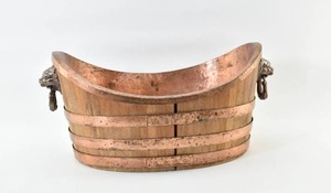 lot 69A image: Wood & Copper Lions Head Handled Drink Basin