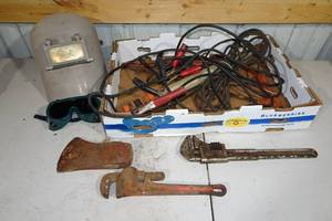 lot 63 image: Assorted Tools - Pipe Wrenches, Welding Hood, Work Light