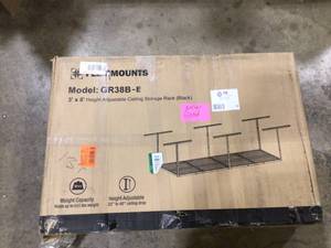 lot 16 image: FLEXIMOUNTS Adjustable Height Overhead Ceiling Mount Garage Rack in Black (96 in. W x 36 in. D) Customer Returns See Pictures