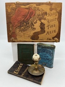 lot 22 image: Vintage Art Nouveau Tie Hanger, Tin, & Miniature Books