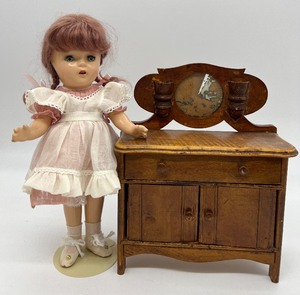 lot 29 image: Vintage Composition Doll and Wood Doll Dresser