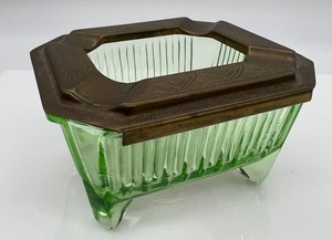 lot 122 image: Rare Green Depression Glass Ashtray with Brass Slide Top