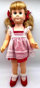 lot 42 image: Mattel 1960s CHATTY CATHY Doll & Rustic Wooden Vintage Doll Dresser