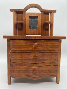 lot 101 image: Rustic Doll Bedroom Dresser with Swivel Mirror and China Pieces