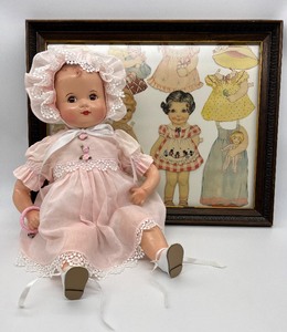 lot 195 image: Vintage Composition Doll and Framed Paper Dolls