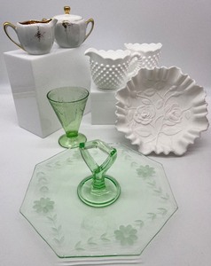 lot 259 image: Vintage Green Depression Glass Tray, Imperial Satin Glass Ruffle Bowl & More
