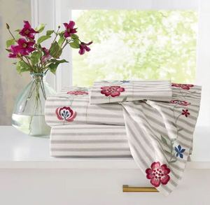 lot 65 image: Embroidered Floral Cotton Ticking Stripe Sheet Set - King Size
