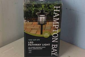 lot 21 image: OPEN BOX - Hampton Bay Birmingham 3-Watt Oil Rubbed Bronze Outdoor Integrated LED Landscape Path Light with Crackled Shade 6940500318165 MSRP $44.97