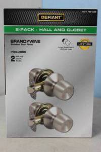 lot 120 image: NEW - Defiant Brandywine Stainless Steel HallCloset Door Knob (2-Pack) 050134004870 MSRP $18.00