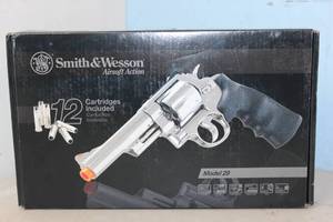 lot 151 image: NEW - Smith and Wesson M29 Electroplated Airsoft Revolver, Chrome 723364759178 MSRP $144.95
