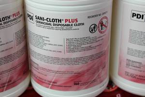 lot 195 image: Case of 12 Canisters Sani-cloth Plus Germicidal Disposable Wipes 6 x 6-34 Large 160 Wipes
