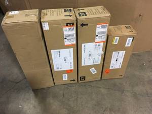 lot 15 image: Lot of Hampton Bay Marsden 32.5 in. 4-Light Matte Black Transitional Bathroom Vanity Light with Clear Glass Shades  Customer Returns See Pictures