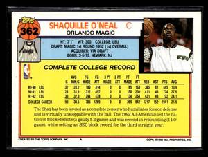 lot 38 image: 1992 Topps Shaquille ONeal Rookie Card #362