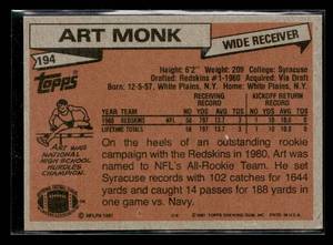 lot 46 image: 1981 Topps Art Monk Rookie Card #194